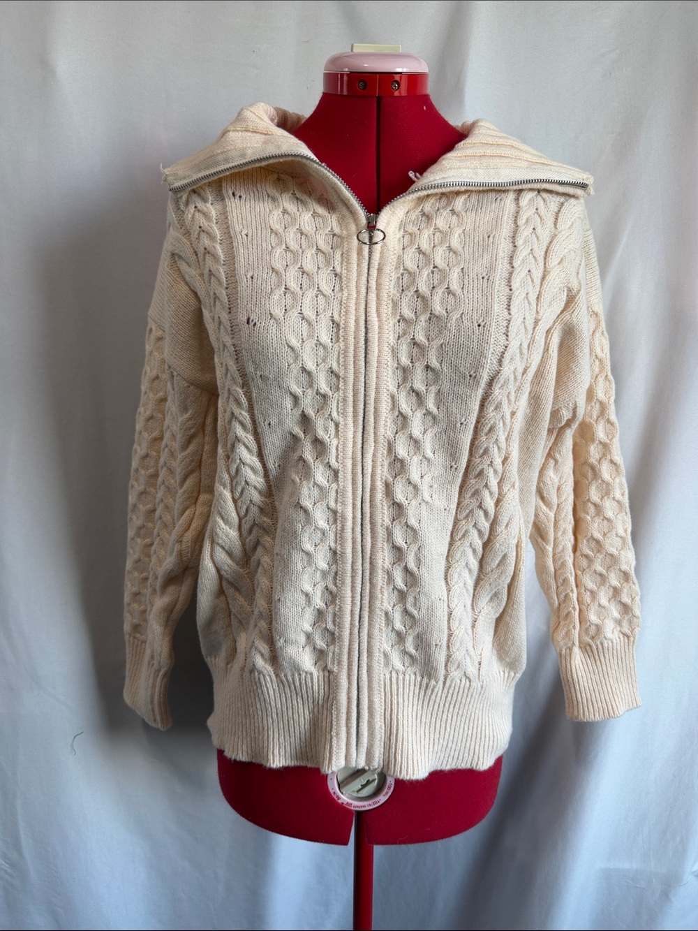Cream Cable-Knit Zip Cardigan Sweater